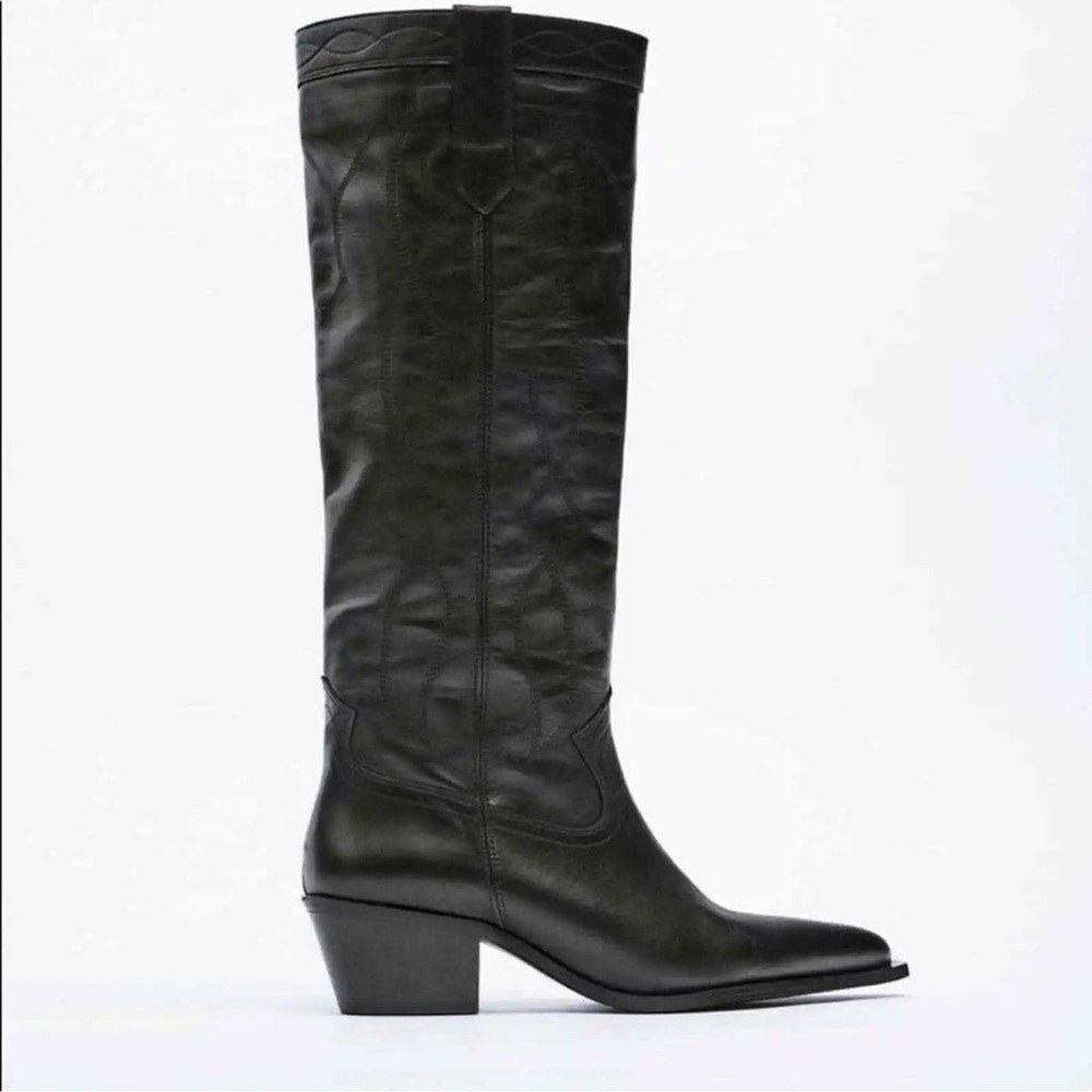 NEW! Zara Leather cowboy boots in black